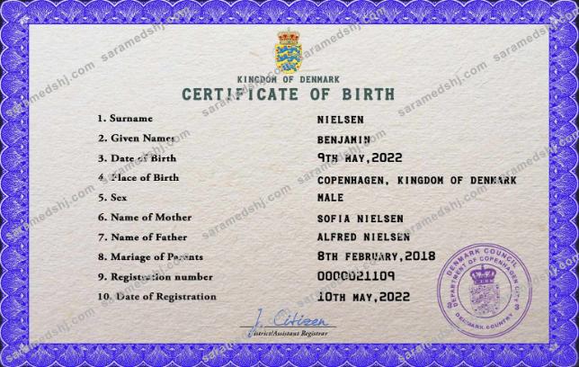 Denmark birth certificate PSD template